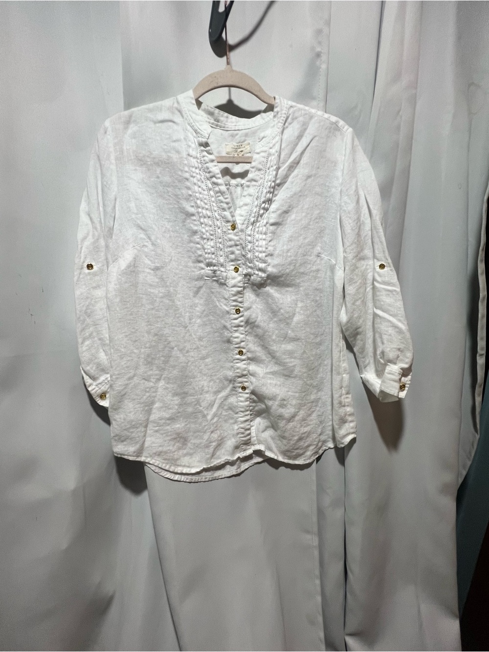 Charter Club Luxury White Linen Pintuck Roll Tab Button Front Blouse M - Picture 2 of 5
